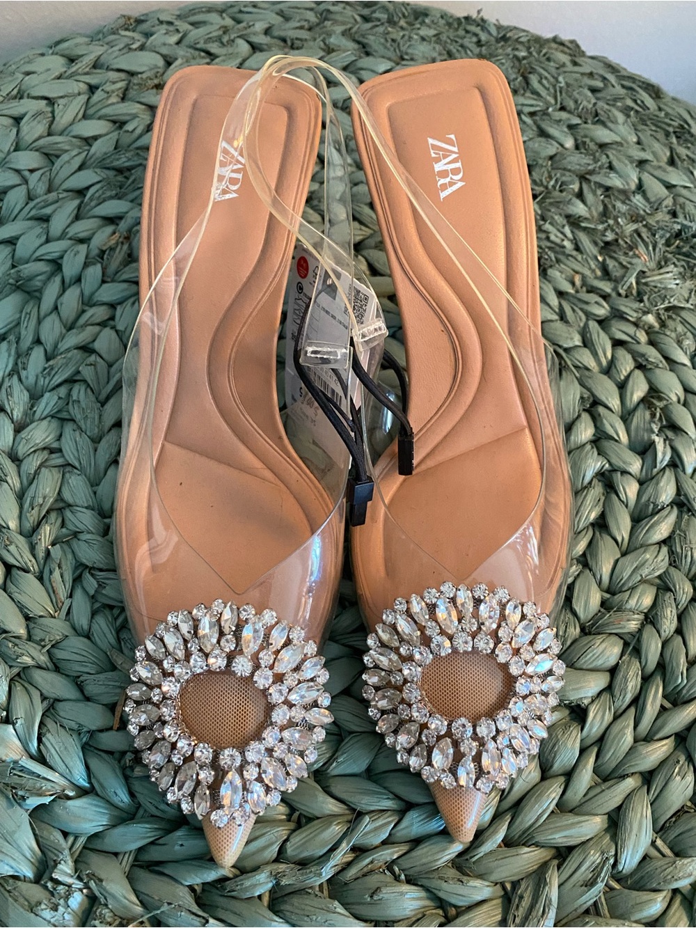 ZARA Women's Nude Pointed Slingback kitten heel with Crystal Brooch like detail